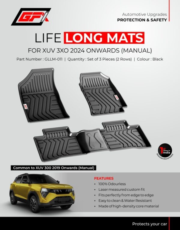 GFX Life Long Custom Fit Floor Mats for Mahindra XUV 3XO (2024+) & XUV 300 (2019+) - Manual | Black, 3-Piece Set