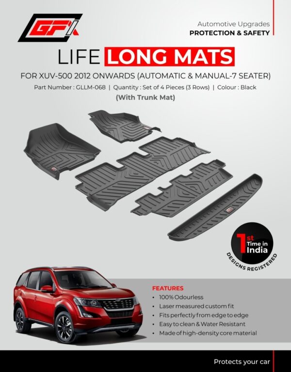 GFX Life Long Custom Fit Floor Mats for Mahindra XUV500 (2012-2021) | 3 Rows + Trunk Mat