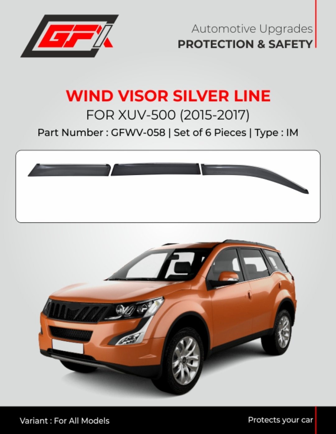 Premium GFX Silver Line Wind Visor for Mahindra XUV500 (2015-2017) | Set of 6 Rain Guards