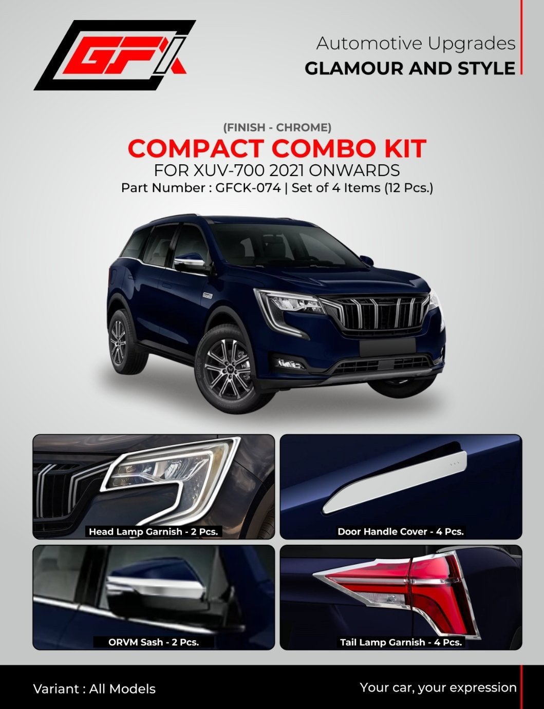 Premium Chrome Compact Combo Kit for Mahindra XUV700 (2021 Onwards) | 12 Pcs Exterior Styling Set