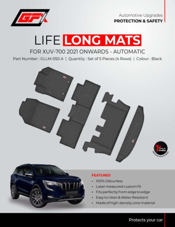 GFX Life Long Custom Fit Floor Mats for Mahindra XUV-700 (2021 Onwards, Automatic) - 5 Piece Set