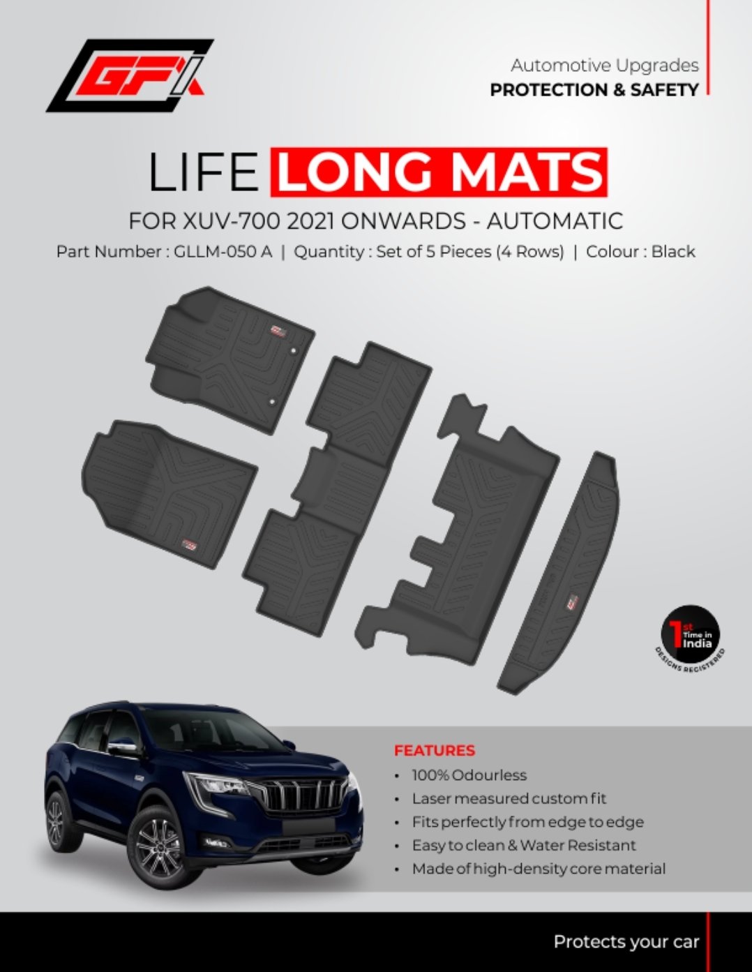 GFX Life Long Custom Fit Floor Mats for Mahindra XUV-700 (2021 Onwards, Automatic) - 5 Piece Set