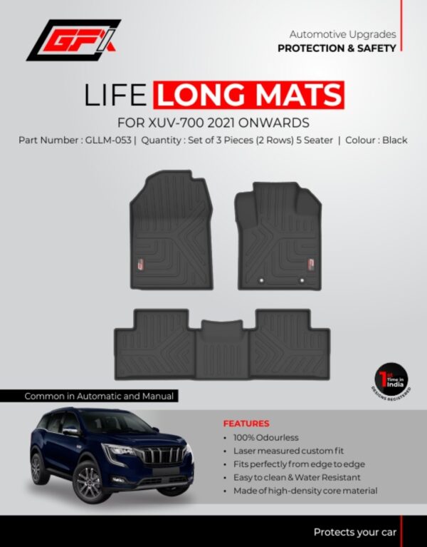 GFX Life Long Premium Floor Mats for Mahindra XUV700 5-Seater (2021 Onwards) | Edge-to-Edge Custom Fit, 100% Waterproof & Odourless, Black