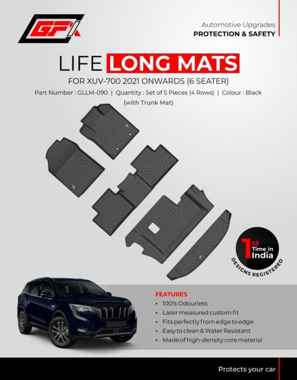 GFX Life Long Custom Fit Floor Mats for Mahindra XUV700 (2021 Onwards) | 6 Seater | Waterproof All-Weather Mats