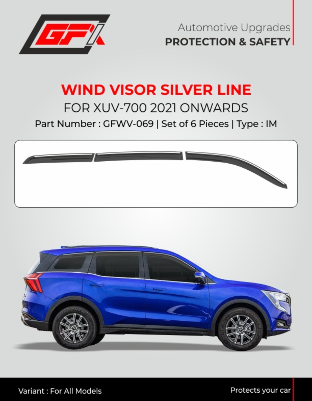 Premium Wind Visor Silver Line for Mahindra XUV700 (2021-Present) | Set of 6 Pcs