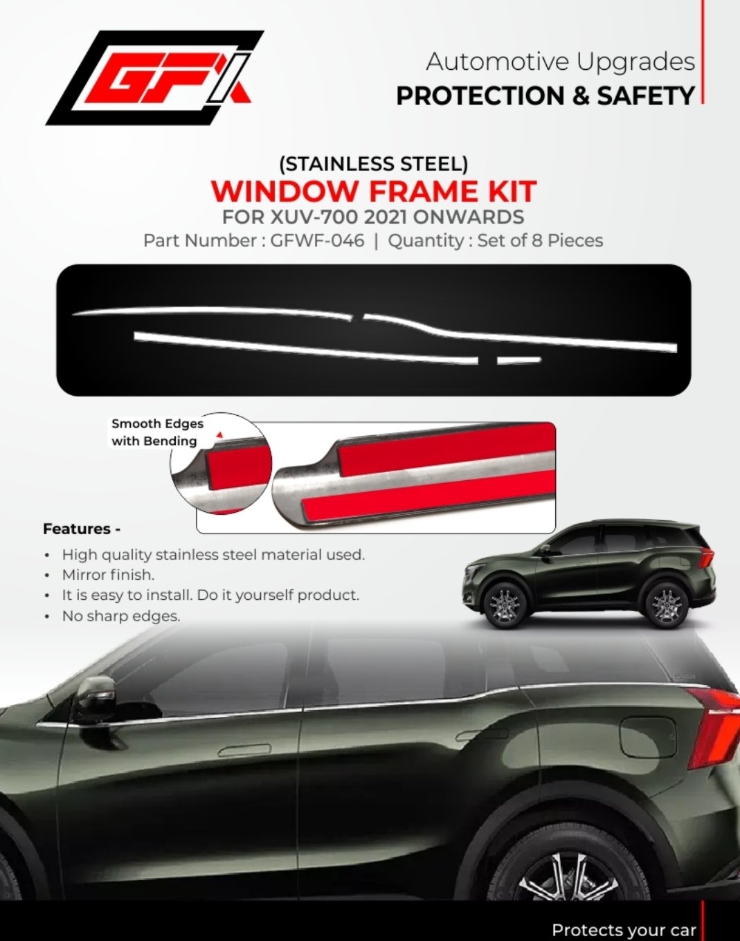 GFX Premium Stainless Steel Window Frame Kit for Mahindra XUV700 (2021 Onwards) – 8 Pcs Set