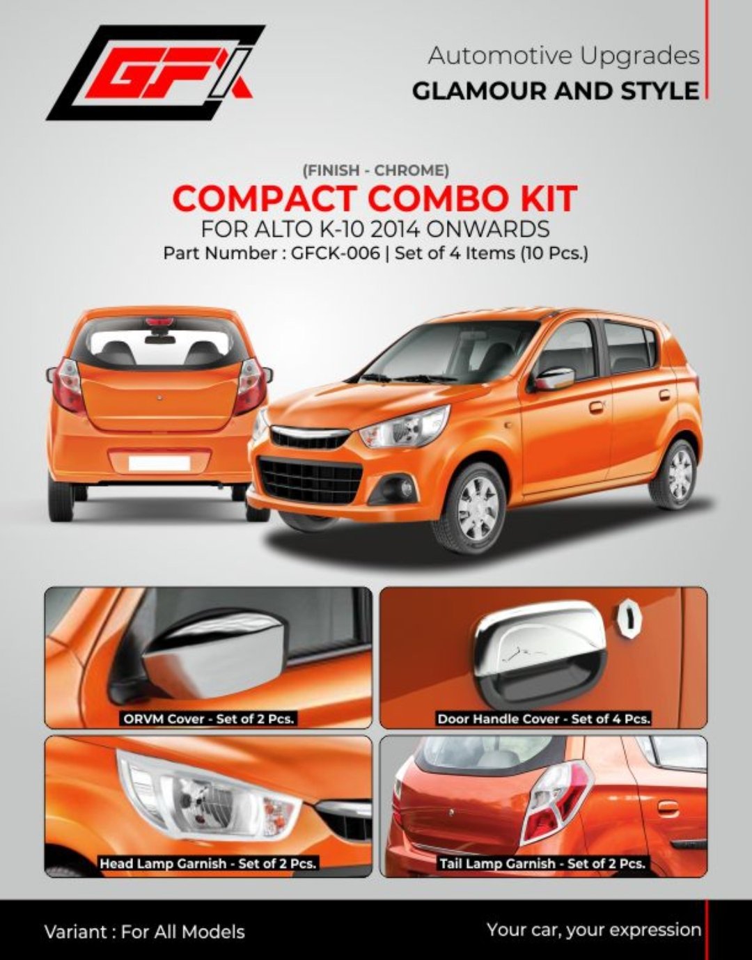 GFX Chrome Combo Kit for Maruti Alto K10 (2014 Onwards) | 10 Pcs
