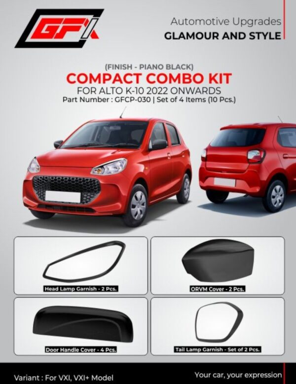 Premium Piano Black Combo Kit for Maruti Alto K10 (2022 Onwards) | 10 Pcs