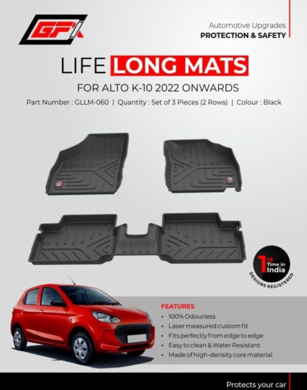 GFX Life Long Custom Fit Floor Mats for Maruti Alto K10 (2022 Onwards) | Black