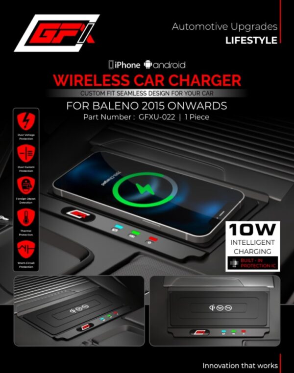 GFX 10W Wireless Car Charger for Maruti Suzuki Baleno (2015 Onwards) | Custom Fit Fast Charging Pad