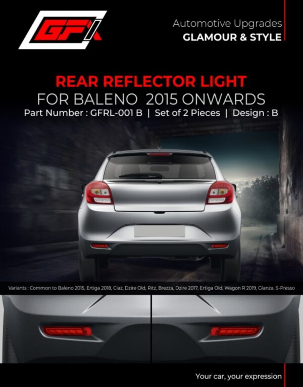 Premium Rear Bumper Reflector Lights for Maruti Suzuki Baleno (2015 Onwards) - Design B | Crazy Car Tech