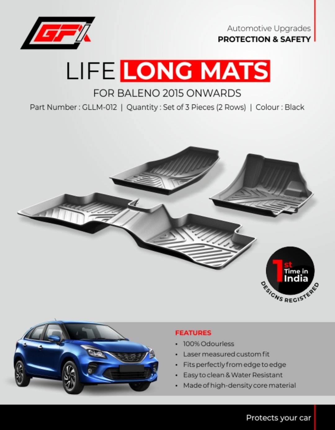 GFX Premium Life Long Custom Fit Floor Mats for Baleno, Fronx & Glanza (3-Piece Set) | Crazy Car Tech