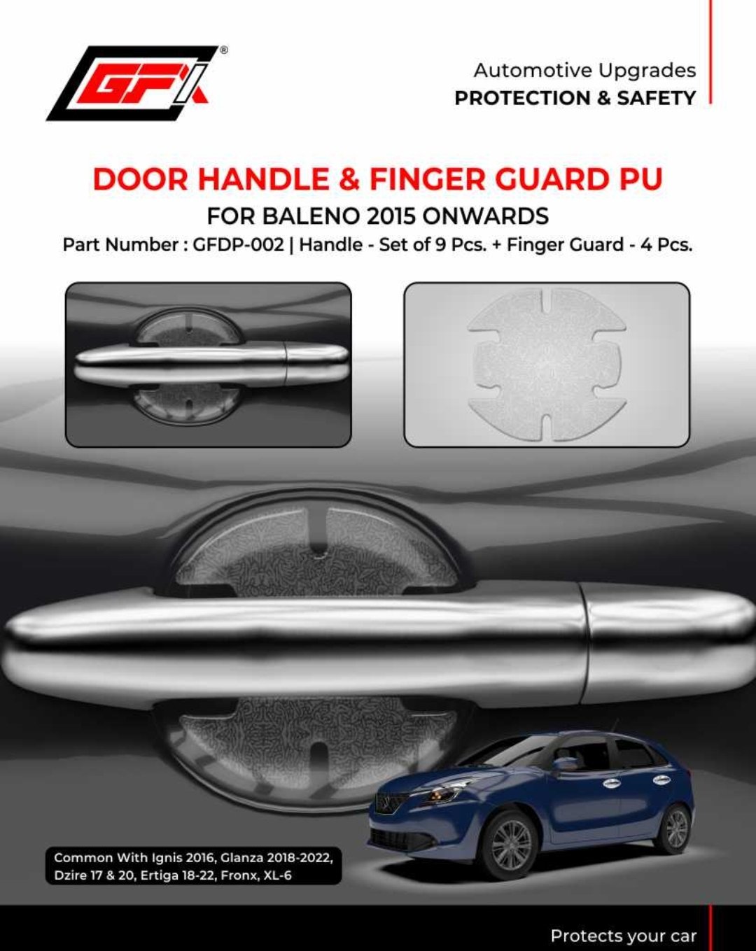 Premium Chrome Door Handle Cover & PU Finger Guard Set (13 Pcs) for Baleno, Fronx, Dzire & Ertiga