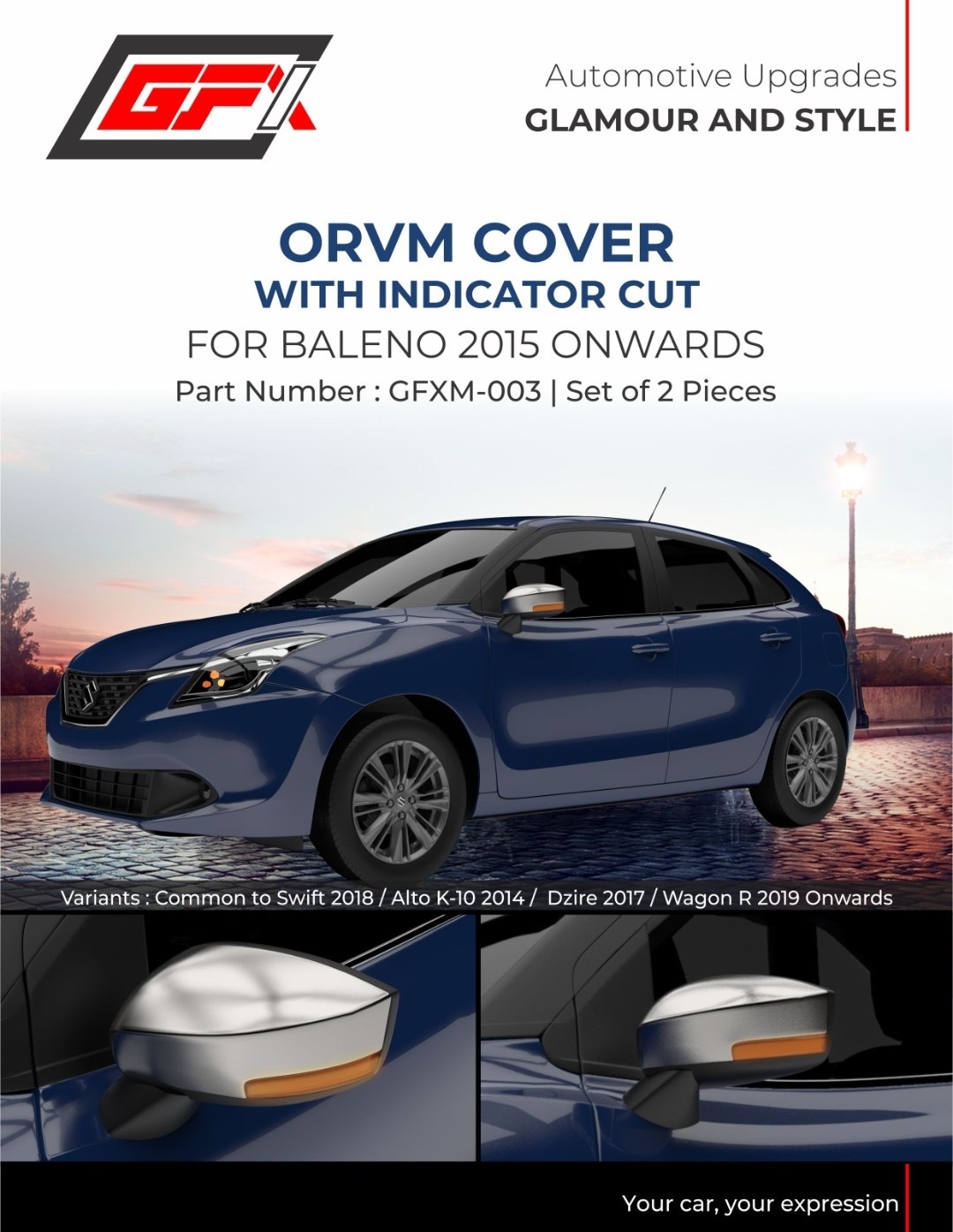 Premium GFX Chrome ORVM Mirror Cover with Indicator Cut for Baleno, Swift & Dzire | Crazy Car Tech
