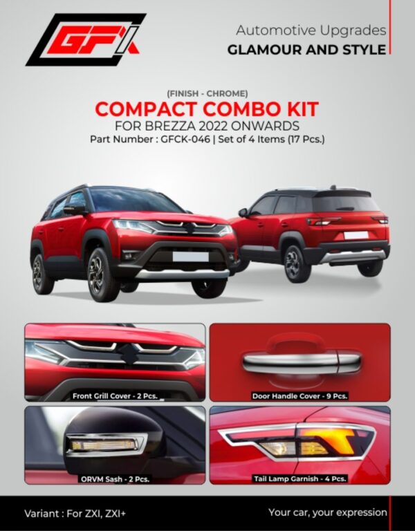 GFX Chrome Compact Combo Kit for Maruti Suzuki Brezza (2022-2026) | GFCK-046 Premium Exterior Accessory Set (17 Pcs)