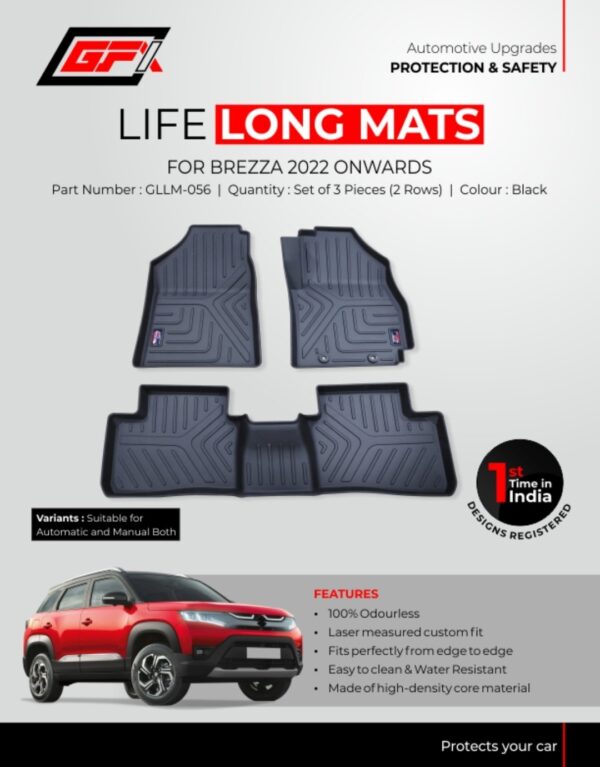 GFX Life Long Mats for Maruti Suzuki Brezza (2022-Present) | Premium 3D Floor Mats (Set of 3)