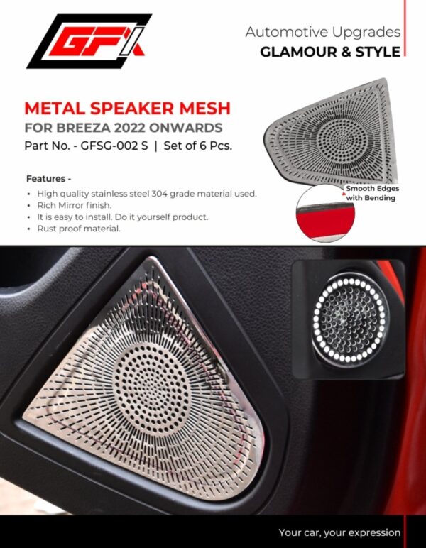 GFX Premium Stainless Steel Metal Speaker Mesh for Maruti Suzuki Brezza (2022 Onwards) - Mirror Finish | Set of 6 Pcs