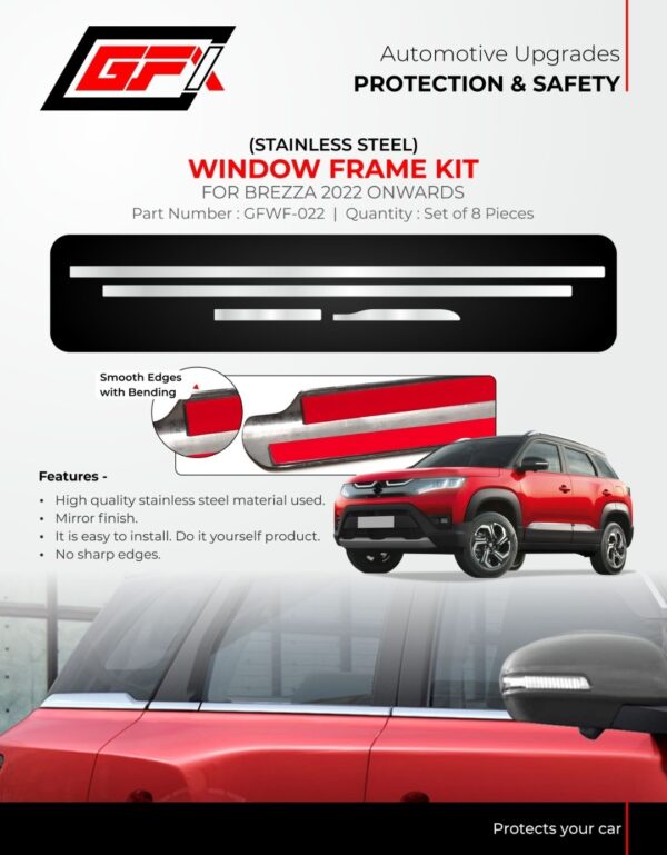 GFX Premium Stainless Steel Window Frame Garnish for Maruti Suzuki Brezza (2022 Onwards) | 8 Pcs Set